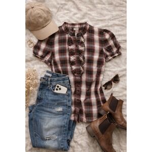 Studio 1940 Womens Plaid Ruffle Front Short Sleeve Blouse Burgundy Brown XL